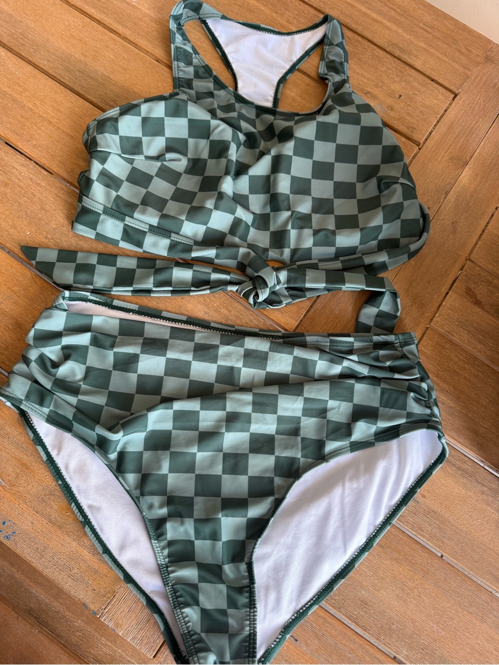 SHEIN Sage and Forest Green Checkerboard High-Neck Bikini Set